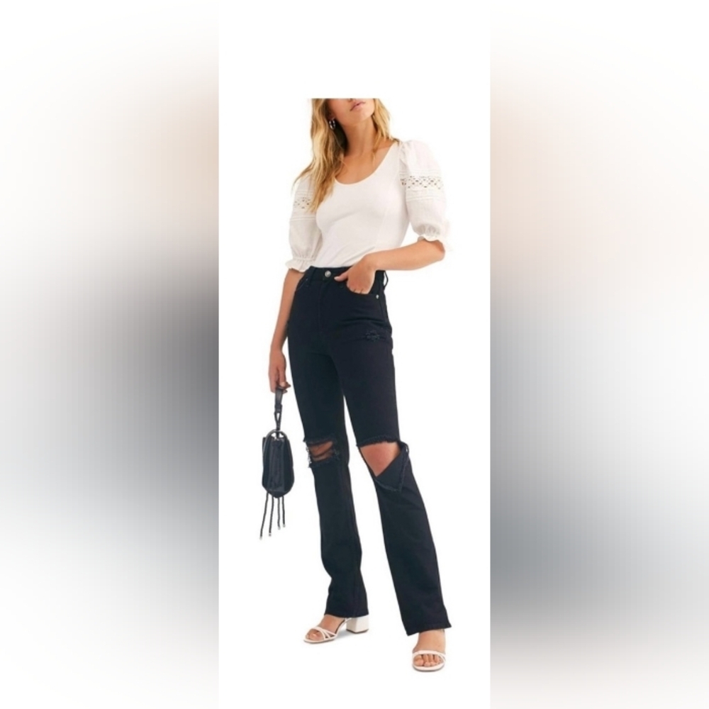 We The Free People Jeans In My Own Lane Straight Black Destroyed Wash 24